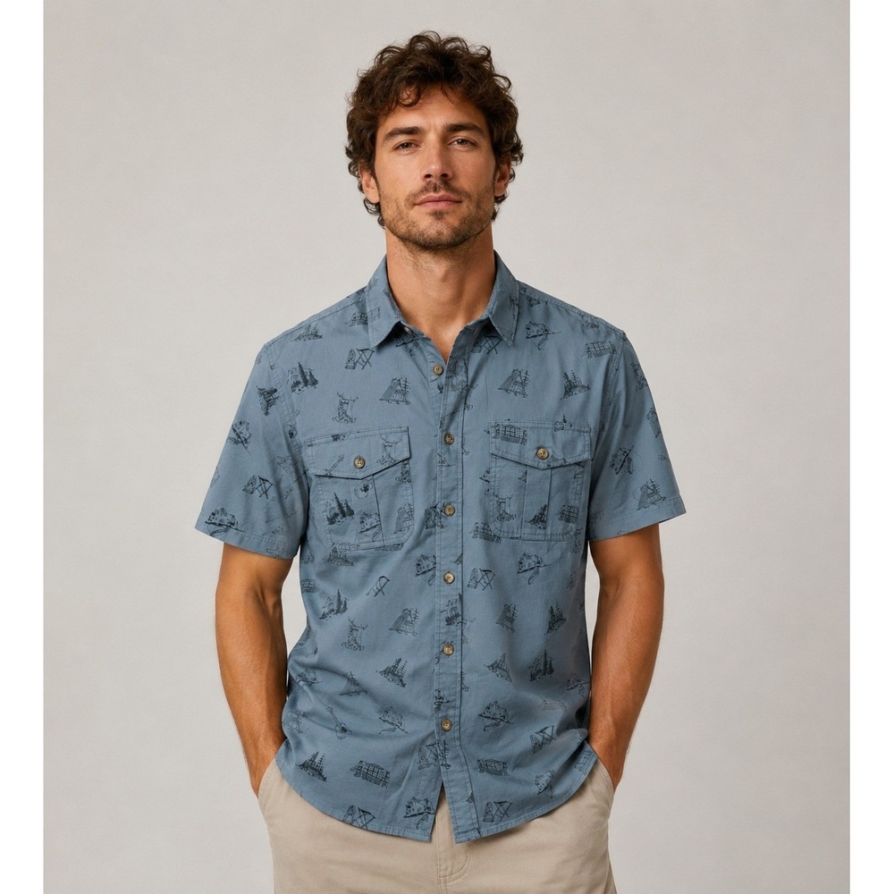 New Pendleton Short Sleeve Shoreline Cotton Shirt XL Blue Camping Guitar Graphic